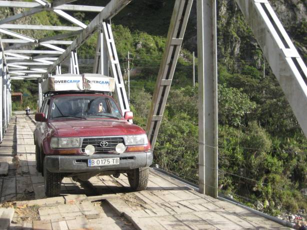 Crossing a bridge near Aguascalientes, Peru